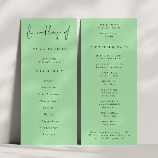 Script moderne Caledon Green Wedding Programme (Front and back view)