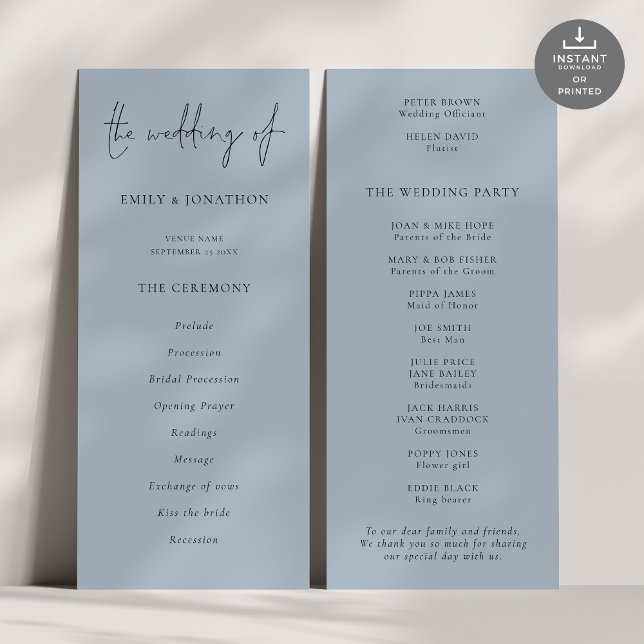 Script moderne Dusty Blue Wedding Programme (Front and back view)