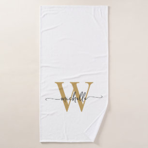 Script moderne élégant Blanc Or Monogramme Nom