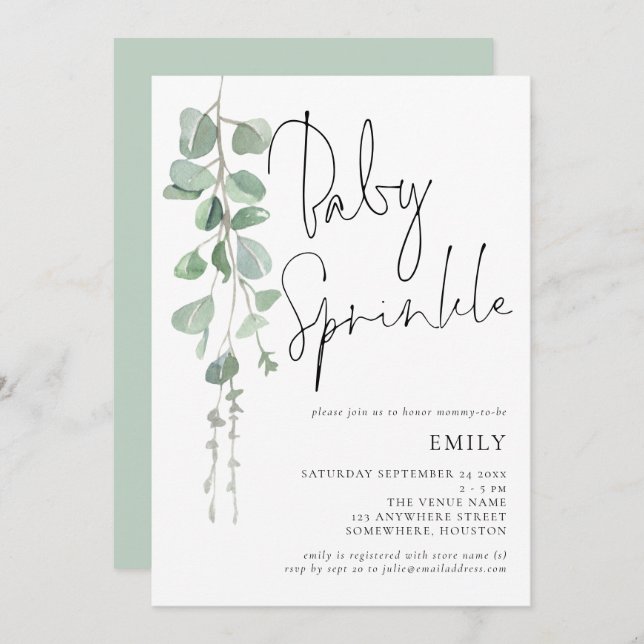 Script moderne Eucalyptus Baby Sprinkle Invitation (Devant / Derrière)