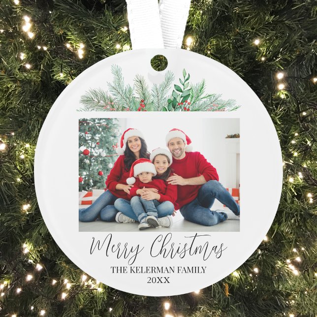 Script moderne Joyeux Noël Photo de famille (Merry Christmas Create Your Own Family Photo Ornament)