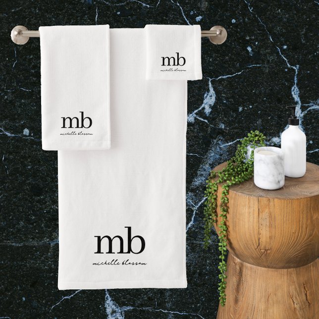 Script moderne noir blanc tendance Monogramme init (Modern Black White Trendy Script Initial Monogram Bath Towel Set)
