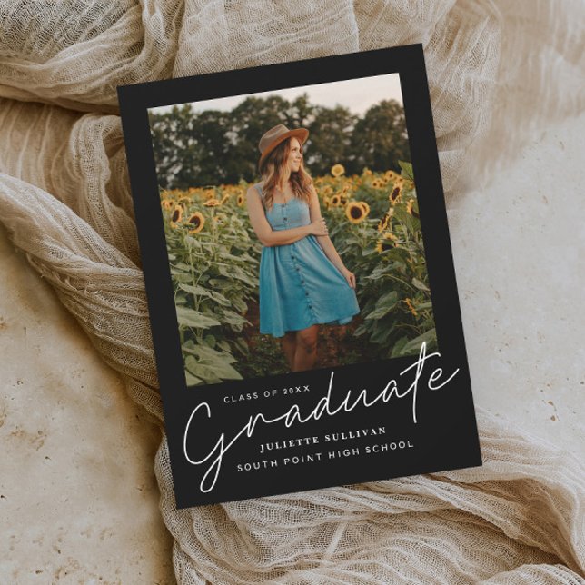 Script moderne Simple Photo Graduation Invitations (Elegant modern script graduate 3 photo graduation invitation announcements.)
