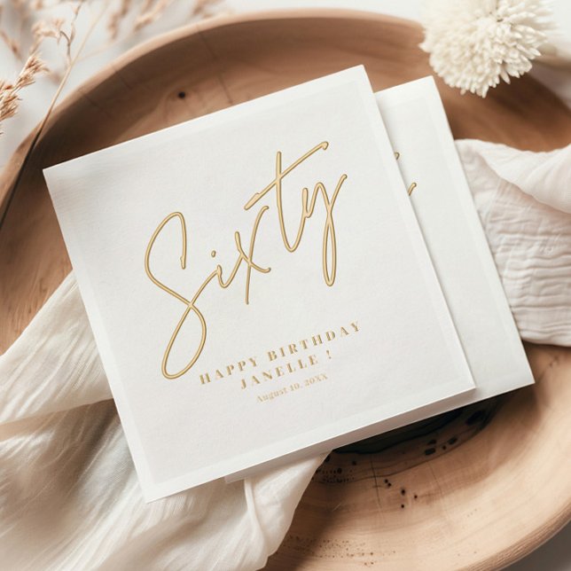 Script Moderne Soixante 60e Anniversaire (Modern Gold Script 60th Birthday or Anniversary Party  Foil Napkins.)