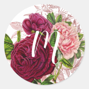 Script Monogram   Blush & Burgund Bloral Runder Aufkleber