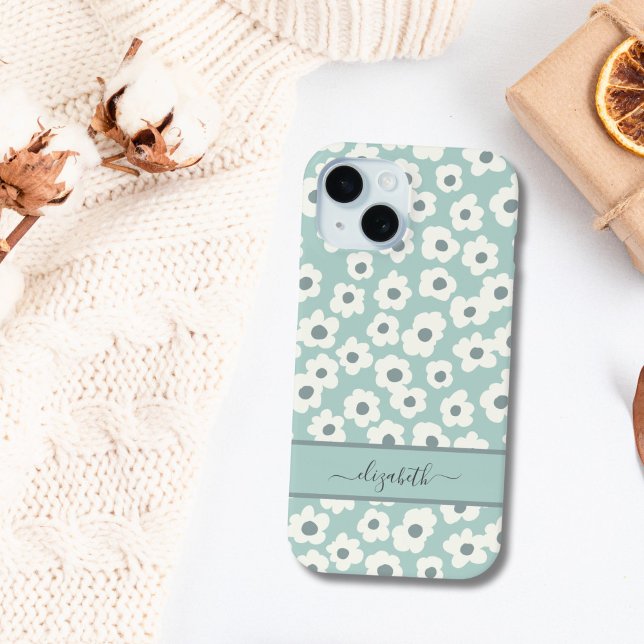 Script Monogram Boho Green White Grey Floral Case-Mate iPhone Hülle (Mint Green White Gray Floral Boho Monogrammed name iPhone case)
