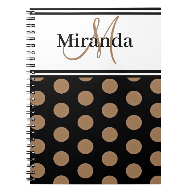 Script Monogram Brown Polka Dots Schwarz-weiß Notizblock (Vorderseite)