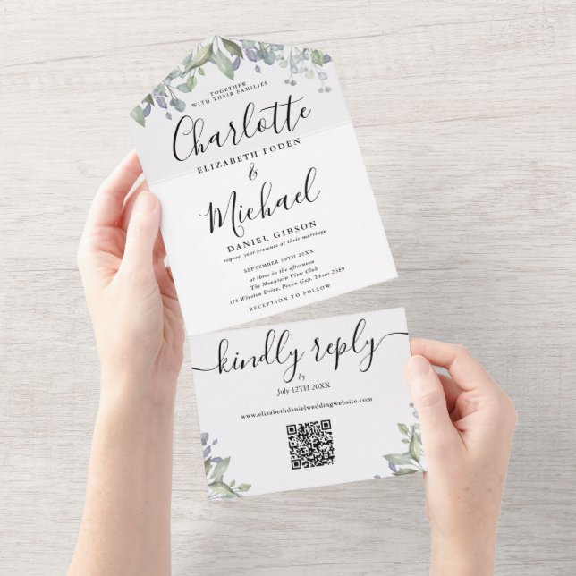 Script Monogram Floral QR Code Hochzeit All In One Einladung (Abreißen)