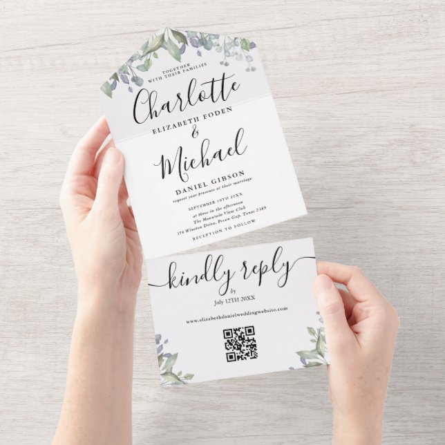 Script Monogram Floral QR Code Hochzeit All In One Einladung (Abreißen)