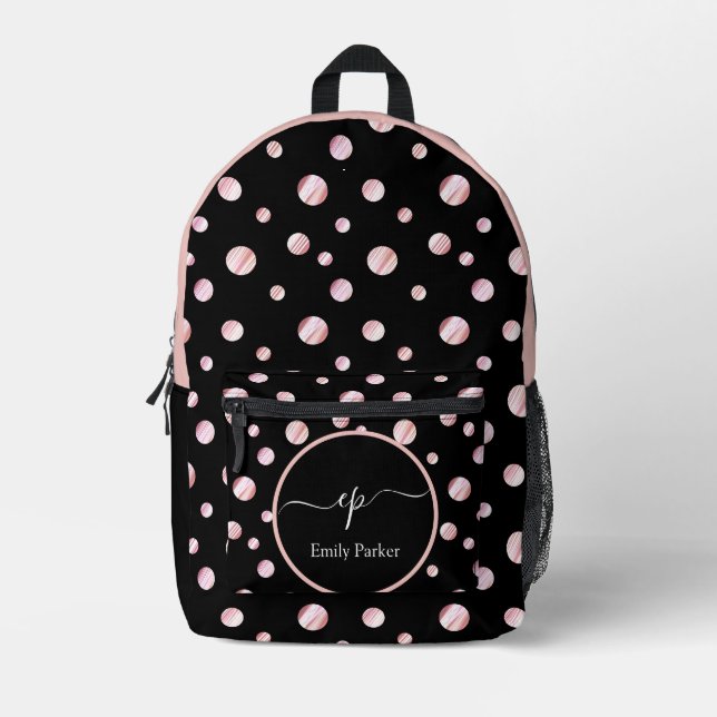 Script Monogram Individuelle Name Black Polka Dot  Bedruckter Rucksack (Vorderseite)