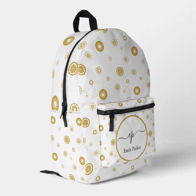 Script Monogram Individuelle Name Gold Polka Dot C Bedruckter Rucksack (Rückseitige Ecke links)