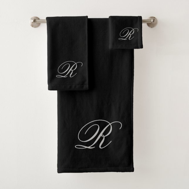 Script Monogram Initial Gray Black Bath Towel Set (Insitu)
