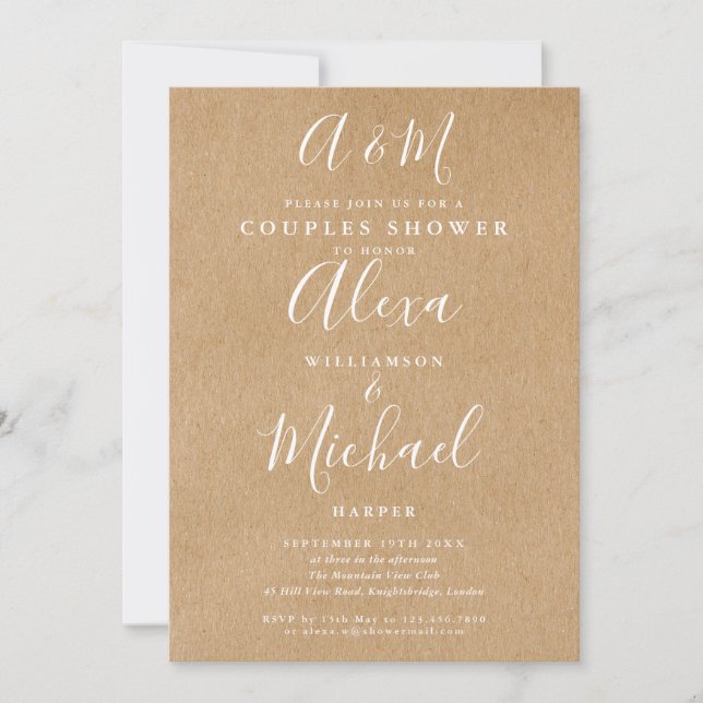 Script Monogram Kraft Couples Polterabend Einladung (Vorderseite)