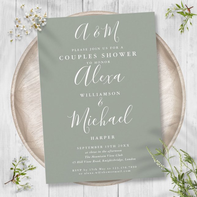 Script Monogram Sage Green Paares Polterabend Einladung (Script Monogram Sage Green Couples Wedding Shower Invitation)