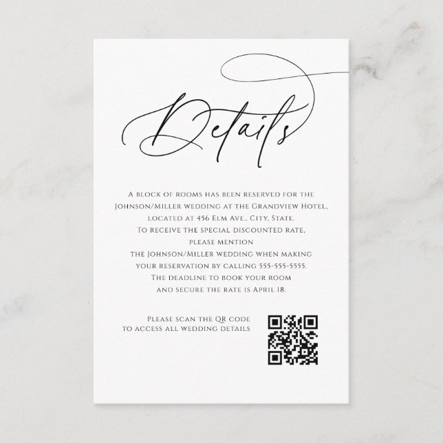 Script Monogram Wedding Details White QR Code Begleitkarte (Vorderseite)