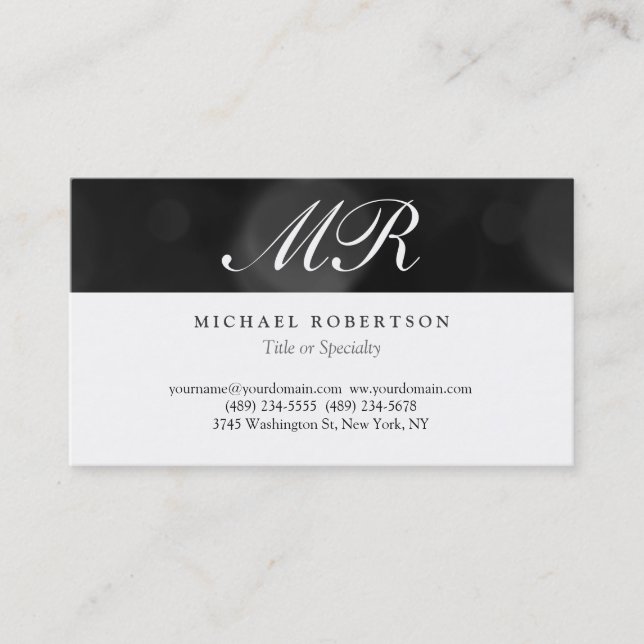 Script Monogram White Black Pattern Business Card Visitenkarte (Vorderseite)