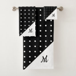 Script Monogram White on Black Polka Dot Pattern Badhandtuch Set