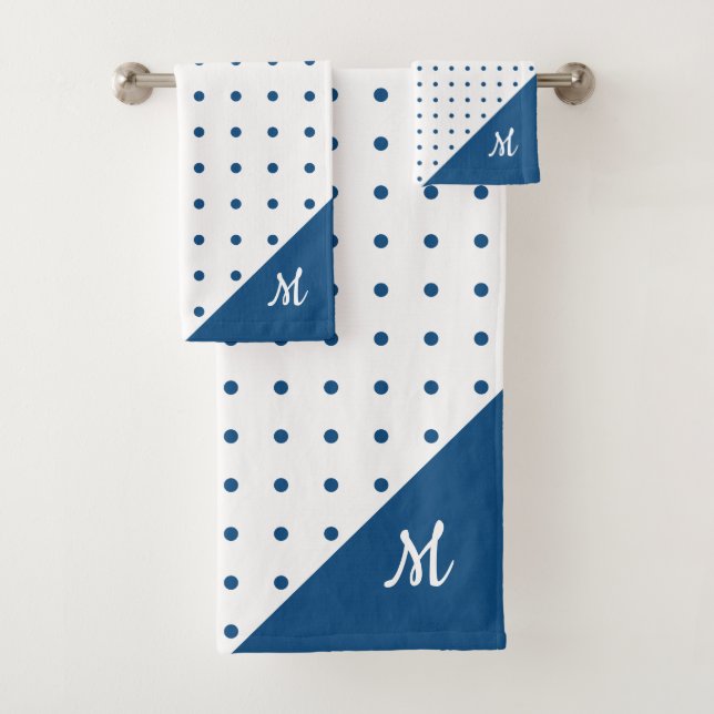 Script Monogramme bleu sur blanc Polka Motif point (En situation)