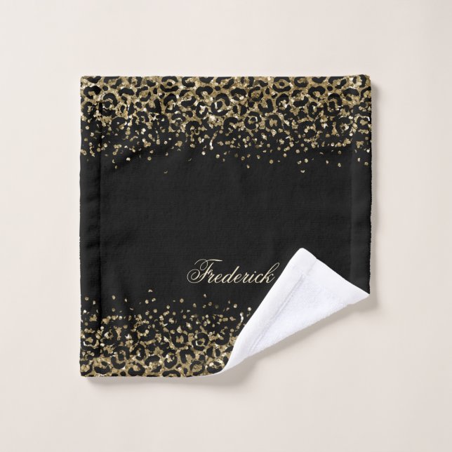 Script Monogramme Imprimé Léopard Noir Paillettes  (Gant de toilette)