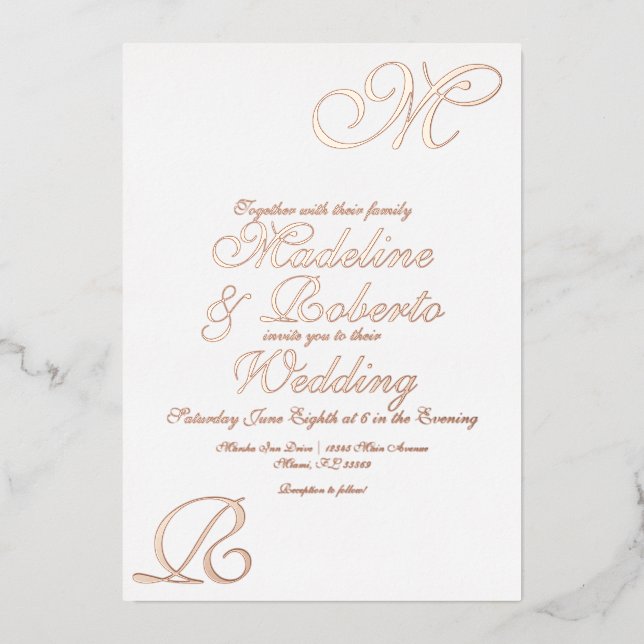 Script Monogramme Mariage Foil Pressé Invitation (Recto)