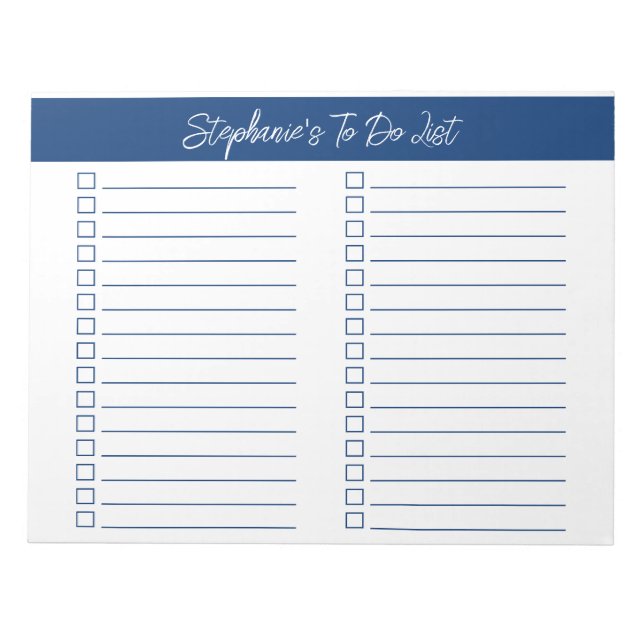 Script Navy Blue 8.5x11 Two Column Checklist Notizblock (Vorderseite)