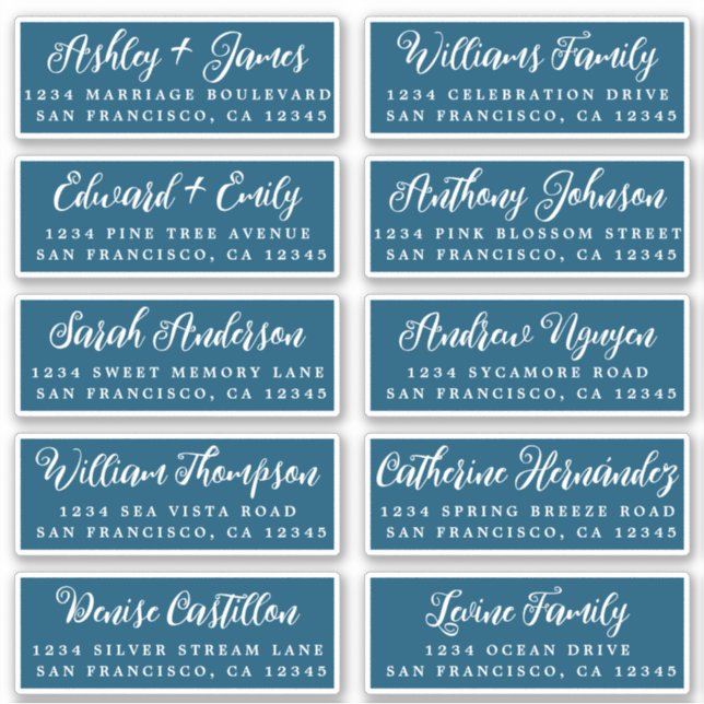 Script Ocean Blue Wedding Guest Address Labels (Vorderseite)