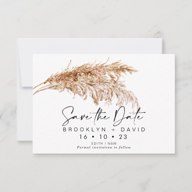 Script Pampas Grass Wedding Save the Date Card Einladung (Vorderseite)