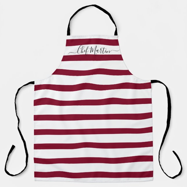 Script Personalisiert Burgundy Stripes Schürze (Vorderseite)