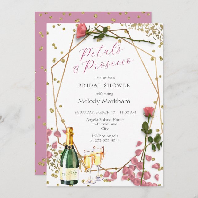 Script Petals und Prosecco Peony Pink Einladung (Vorne/Hinten)