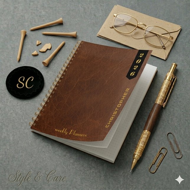 Script professionnel sur motif de cuir brun (Professional Script on Brown Leather Pattern Planner)