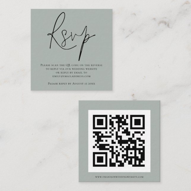 Script QR Code Sage Green Wedding RSVP Enclosure Begleitkarte (Vorne/Hinten)