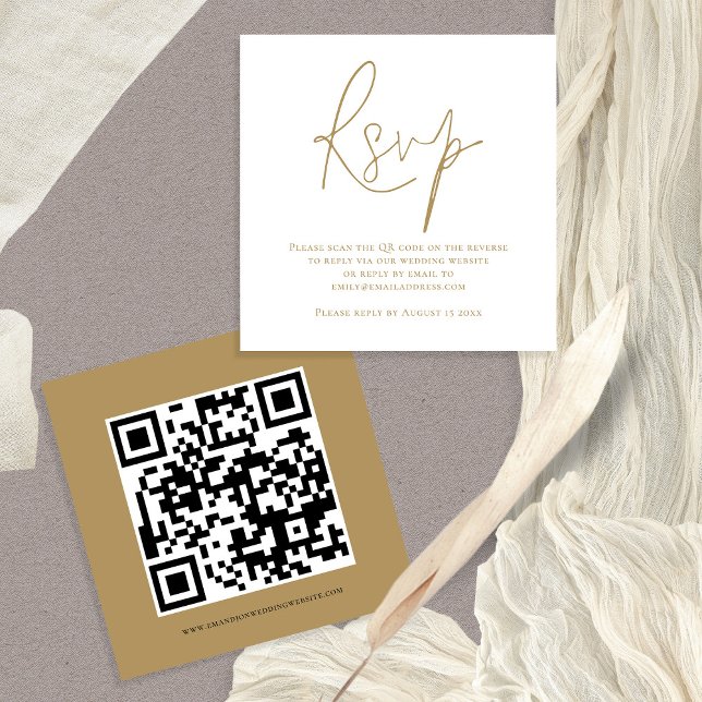 Script QR Code Wedding Gold White UAWG Enclosure Begleitkarte (Front and back view of this mini 2.5" square enclosure RSVP card with QR code on the back)