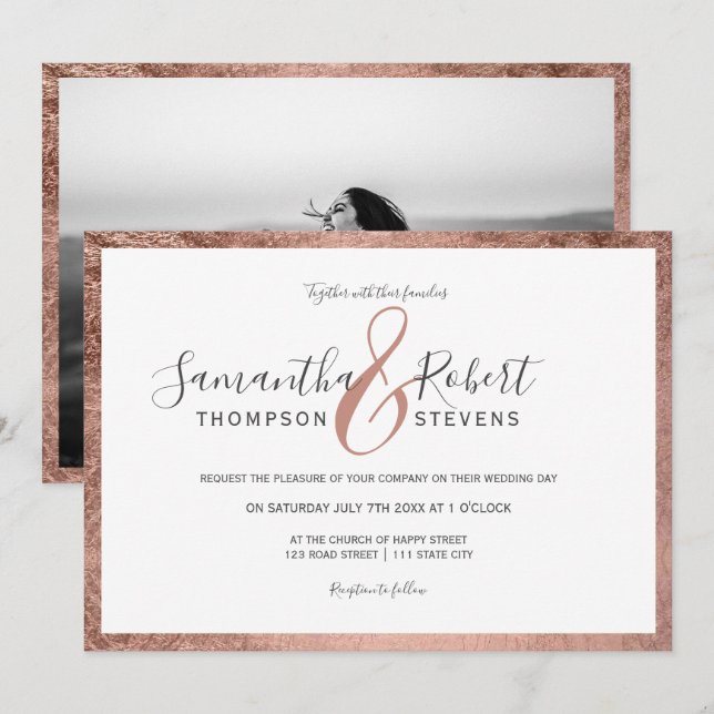 Script Rose Goldgrenzenhochzeit für weißes Foto Einladung (Vorne/Hinten)