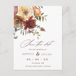 Script Rust Burgundy Floral Wedding Save the Date Ankündigungspostkarte