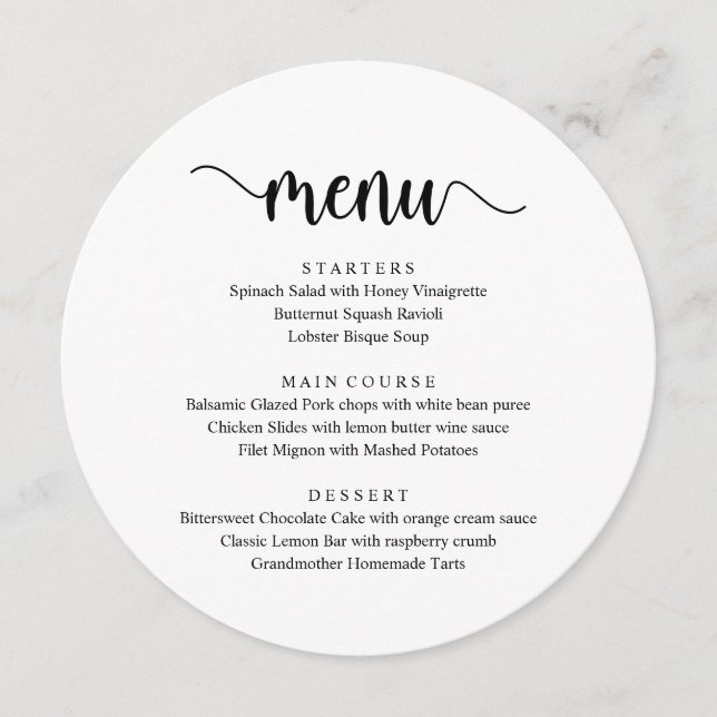 Script rustique moderne noir, Menu Dîner Mariage (Devant)