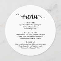 Script rustique moderne noir, Menu Dîner Mariage