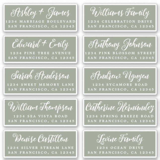 Script Sage Green Wedding Guest Address Labels (Vorderseite)