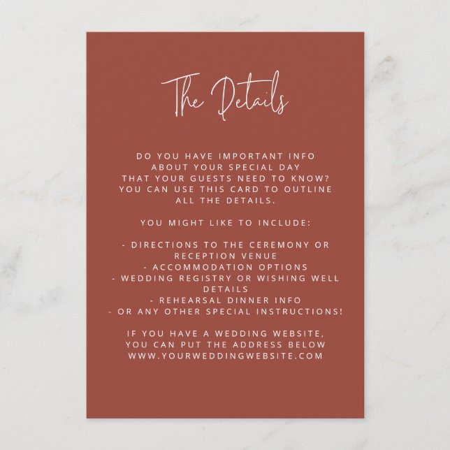 Script Schriftart Moderner Hochzeitsplatz Terrakot Begleitkarte (Vorderseite)