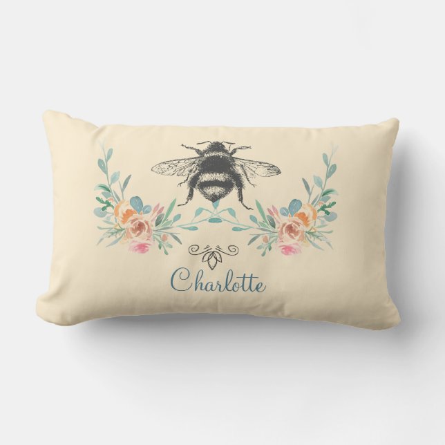 Script Signature Personalisiert Bee Floral Lendenkissen (Vorderseite)