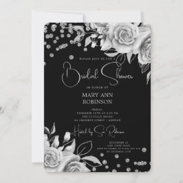 Script Silver Floral Glitzer Brautparty Black Einladung