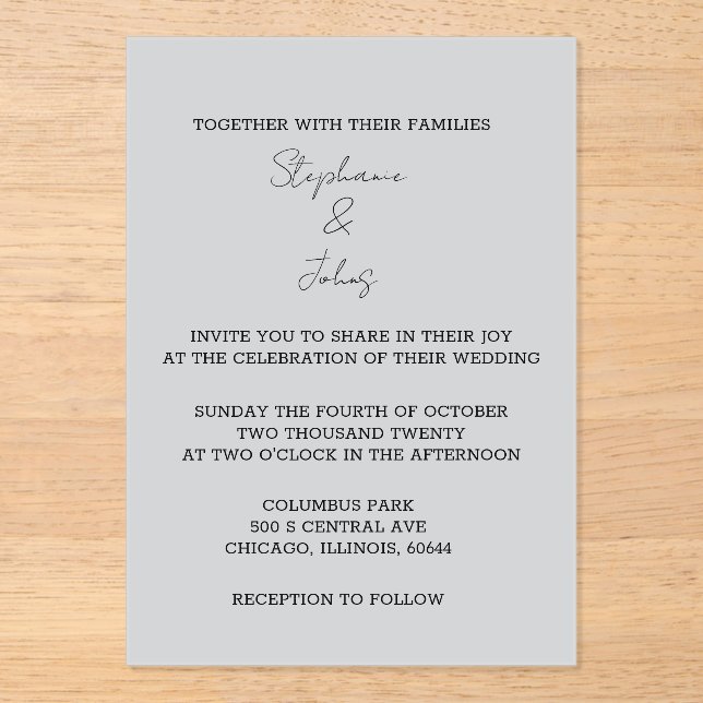 Script Simple Gray Elegant Minimale Hochzeit Acryleinladungen (Vorderseite)
