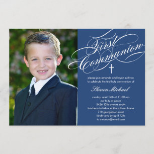 Script stylish First Communion Invitation - Bleu
