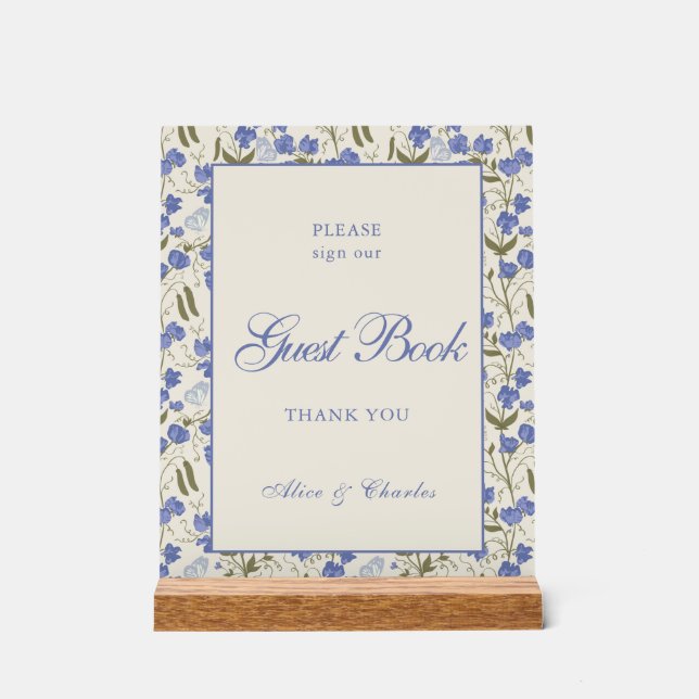 Script Sweet Pea Floral Cream und Blue Wedding Acrylschild (Vorderseite)