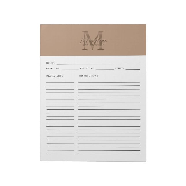 Script Taupe Metallic Gold Monogram Recipe Notizblock (Rotiert)