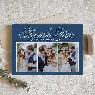 Script Three Foto Collage Blue Wedding Dankeskarte
