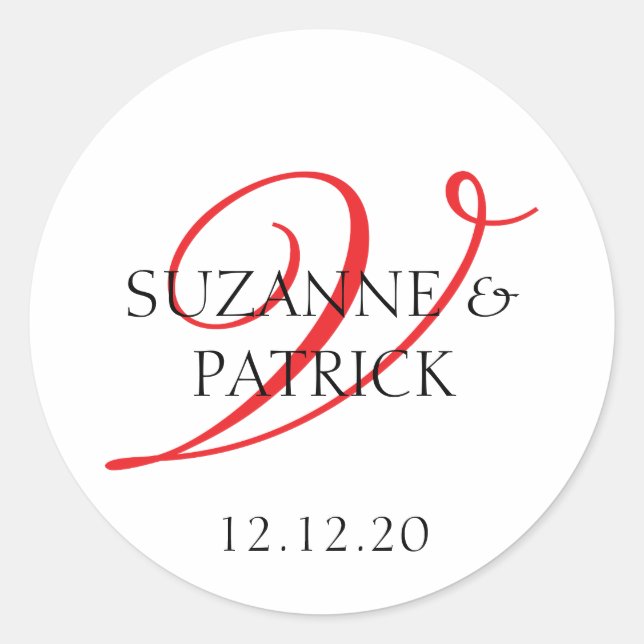 Script V Monogram Labels (rot / schwarz) Runder Aufkleber (Vorderseite)