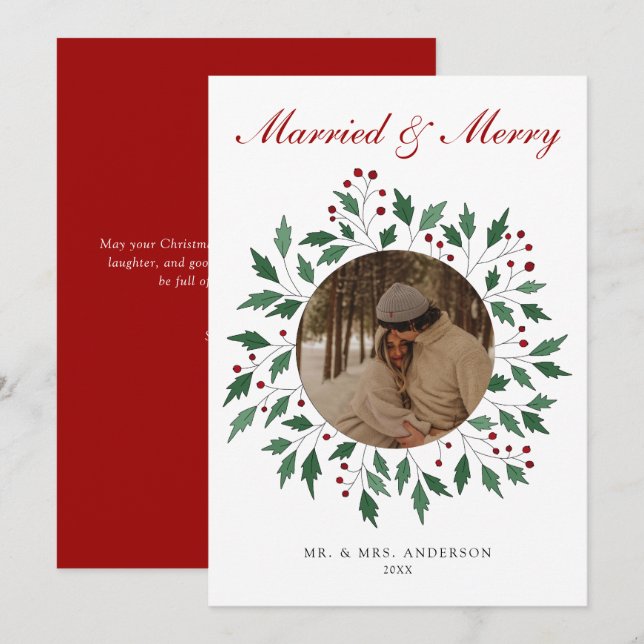 Script Verheiratet & Merry Newlywed Foto Feiertagskarte (Vorne/Hinten)