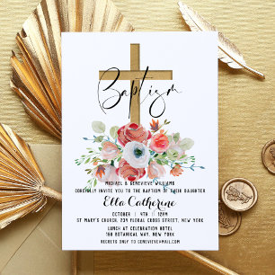 Script Watercolor Floral Cross Taufe Einladung