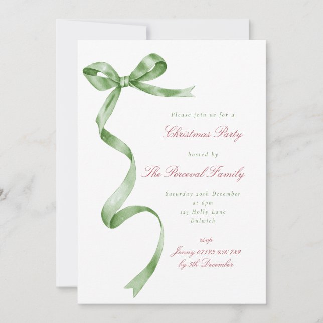 Script Watercolor Green Ribbon Bow Weihnachts-Part Einladung (Vorderseite)