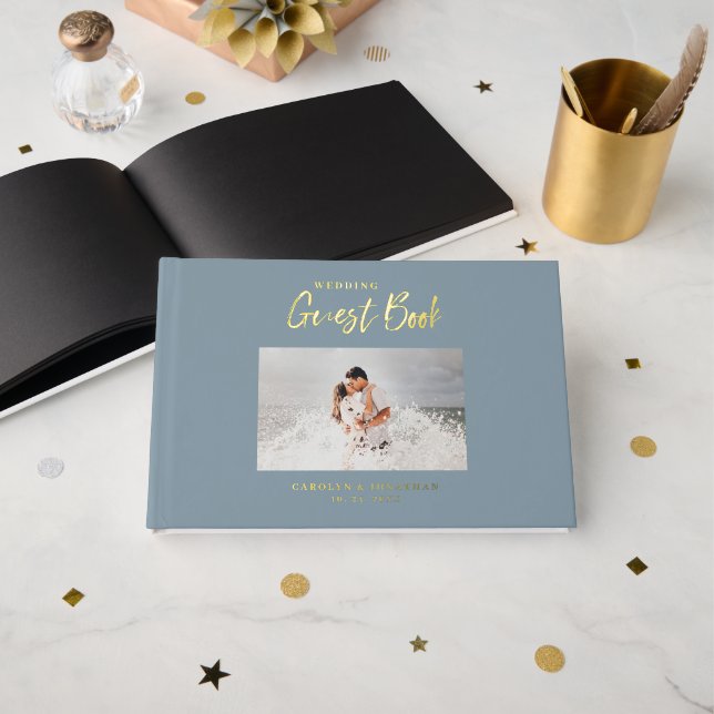 Script Wedding Foto Nautical Blue Wedding Gästebuch (Vorderseite Offen)